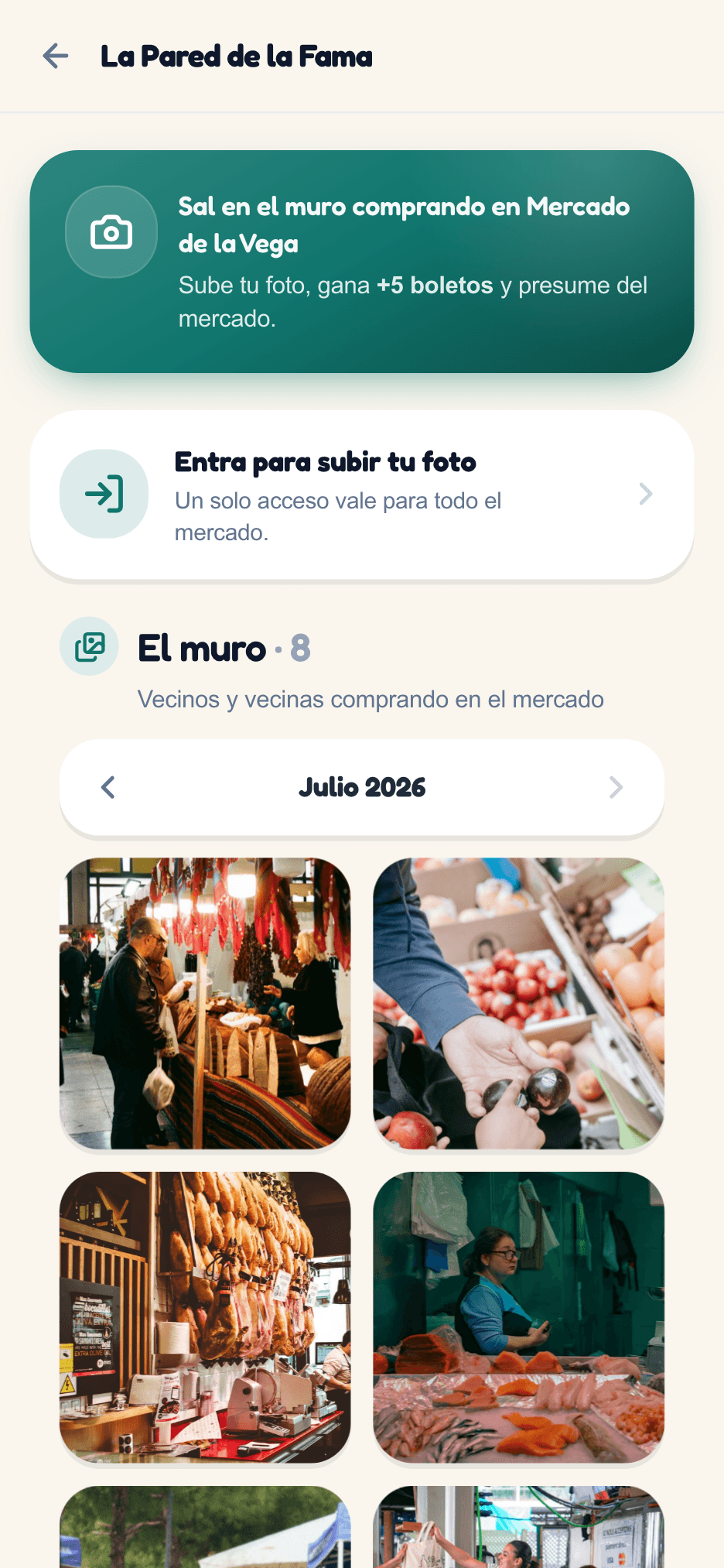 La Pared de la Fama dentro de la app: mosaico de fotos de compras de vecinos en julio de 2026 y aviso de +5 boletos por subir tu foto
