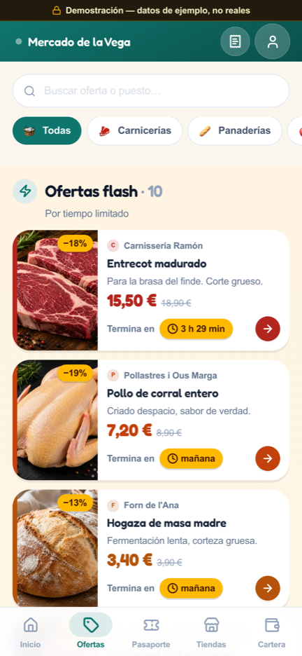Listado de ofertas flash del mercado con foto del producto, descuento y cuenta atrás en vivo: entrecot madurado a 15,50 €, pollo de corral y hogaza de masa madre