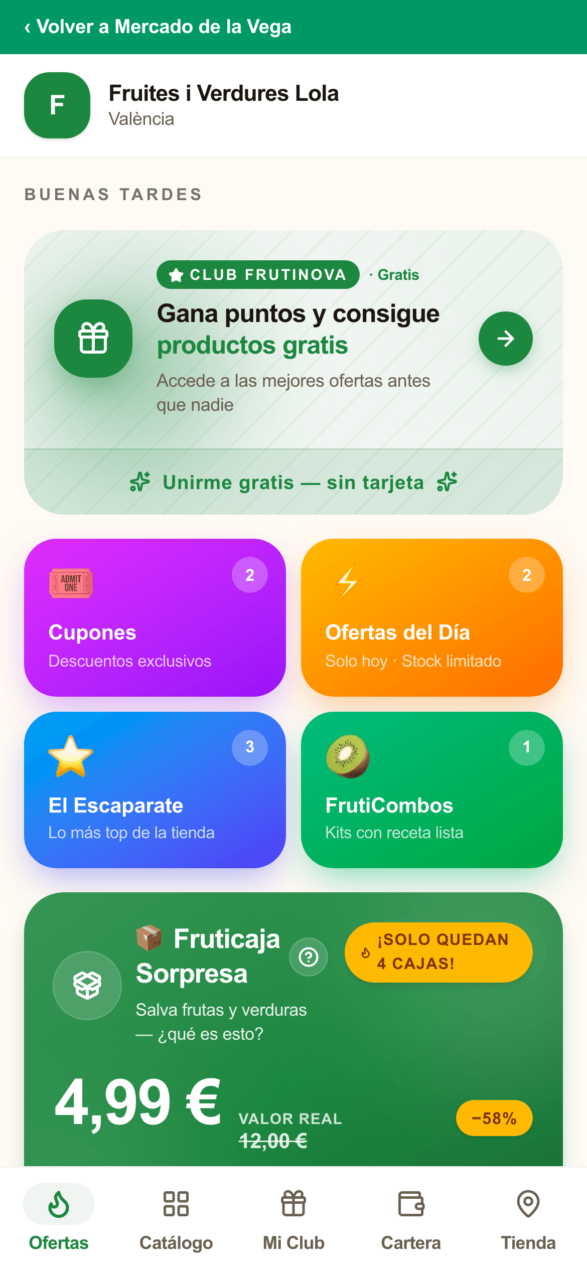 Tienda de un puesto de frutas y verduras: club de puntos, cupones, ofertas del día, escaparate y una caja sorpresa a 4,99 euros con descuento del 58 por ciento