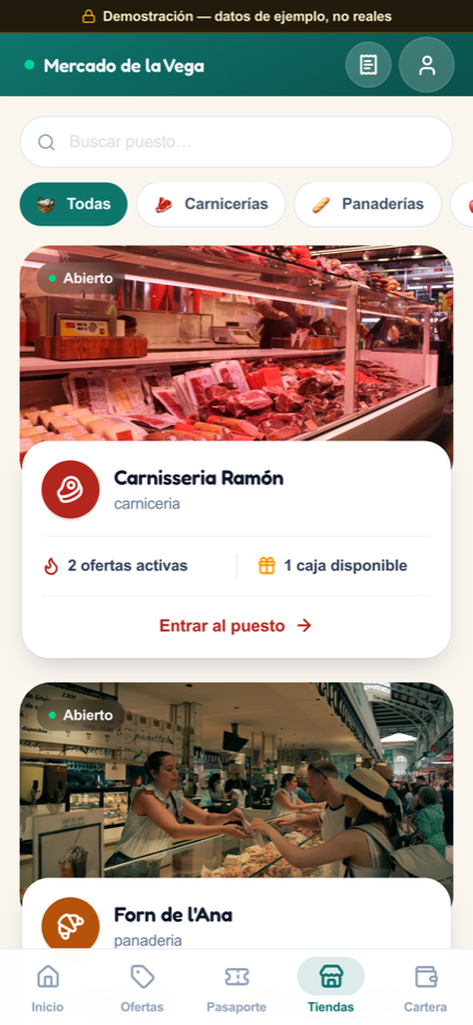 Listado de paradas del mercado con sus ofertas activas y cajas disponibles: Carnisseria Ramón abierta con 2 ofertas y 1 caja